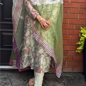 Floral Embroidered Suit with Green Dupatta
